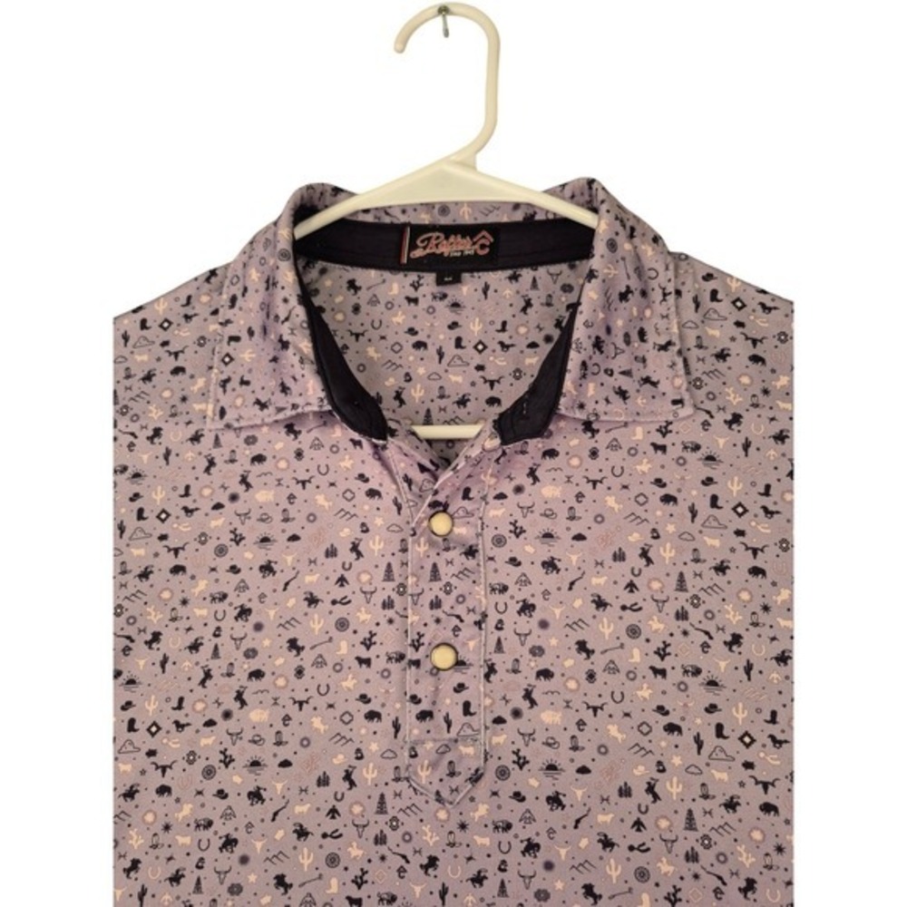 Rafter C Cavenders Mens Purple Gray Western Print Short Sleeve Polo Shirt Size M